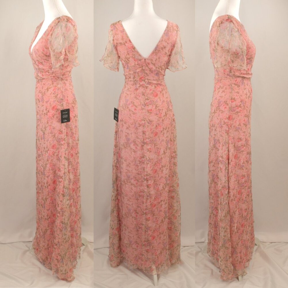 Lulu's Dreamiest Desires Floral Flutter Sleeve V-neck Maxi Dress, Pink, Small - Picture 2 of 11